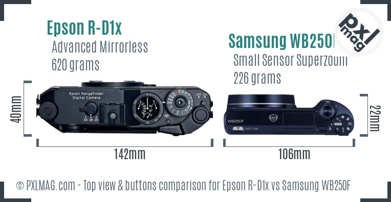Epson R-D1x vs Samsung WB250F top view buttons comparison