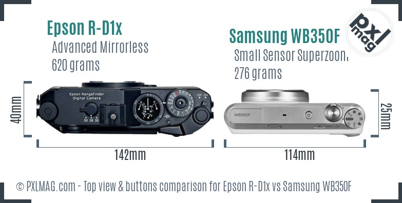 Epson R-D1x vs Samsung WB350F top view buttons comparison
