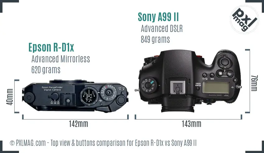 Epson R-D1x vs Sony A99 II top view buttons comparison