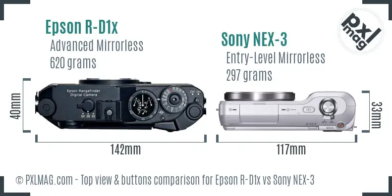 Epson R-D1x vs Sony NEX-3 top view buttons comparison