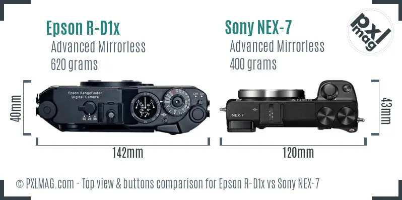 Epson R-D1x vs Sony NEX-7 top view buttons comparison