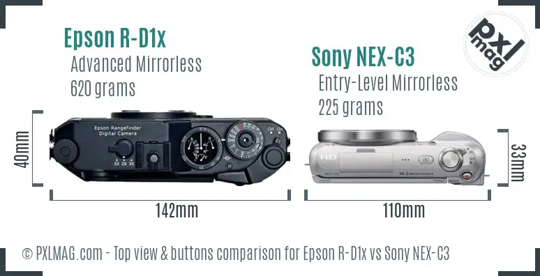 Epson R-D1x vs Sony NEX-C3 top view buttons comparison