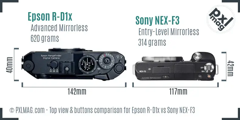Epson R-D1x vs Sony NEX-F3 top view buttons comparison Epson R-D1x vs Sony NEX-F3 top view buttons comparison