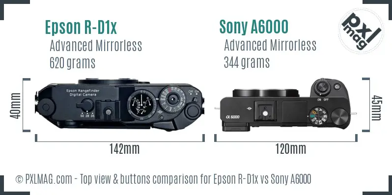 Epson R-D1x vs Sony A6000 top view buttons comparison Epson R-D1x vs Sony A6000 top view buttons comparison