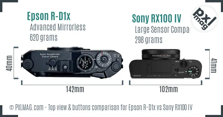Epson R-D1x vs Sony RX100 IV top view buttons comparison