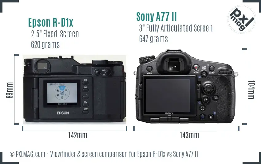 Epson R-D1x vs Sony A77 II Screen and Viewfinder comparison