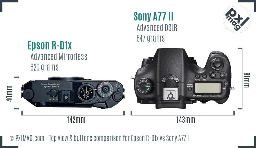 Epson R-D1x vs Sony A77 II top view buttons comparison
