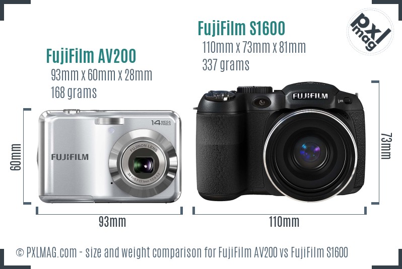FujiFilm AV200 vs FujiFilm S1600 size comparison