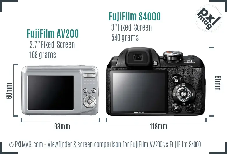FujiFilm AV200 vs FujiFilm S4000 Screen and Viewfinder comparison
