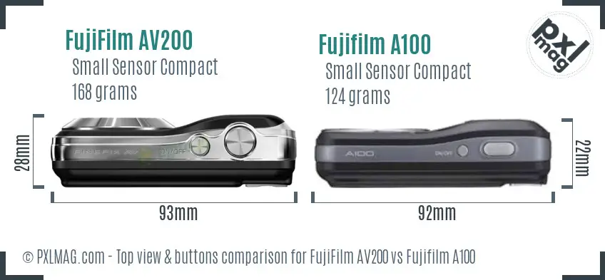 FujiFilm AV200 vs Fujifilm A100 top view buttons comparison