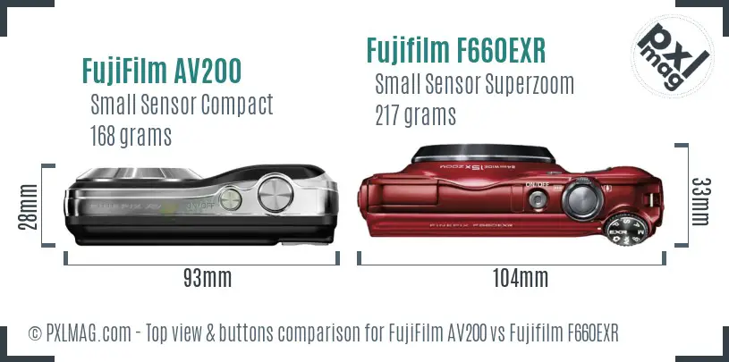FujiFilm AV200 vs Fujifilm F660EXR top view buttons comparison