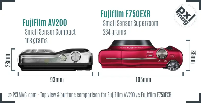 FujiFilm AV200 vs Fujifilm F750EXR top view buttons comparison