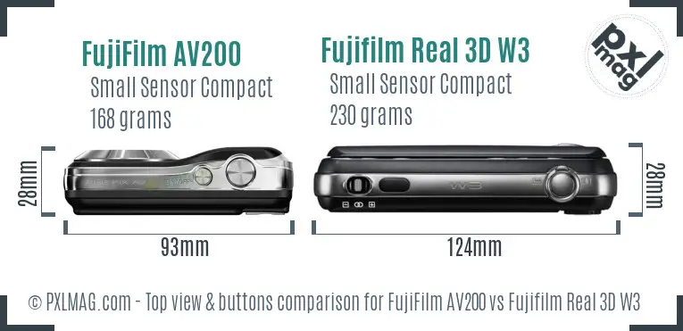 FujiFilm AV200 vs Fujifilm Real 3D W3 top view buttons comparison