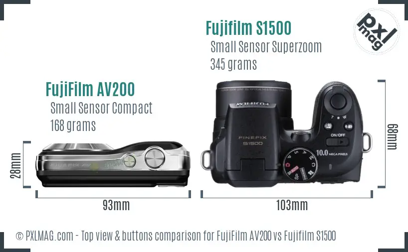 FujiFilm AV200 vs Fujifilm S1500 top view buttons comparison FujiFilm AV200 vs Fujifilm S1500 top view buttons comparison