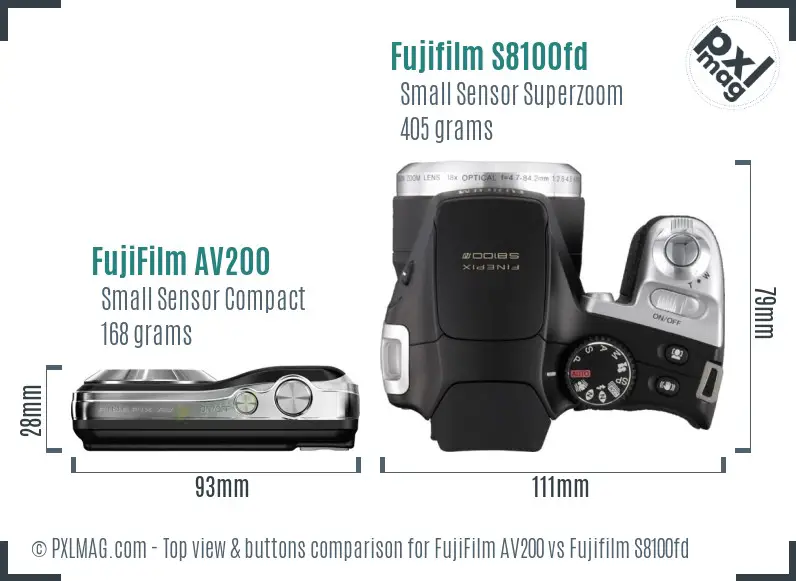 FujiFilm AV200 vs Fujifilm S8100fd top view buttons comparison