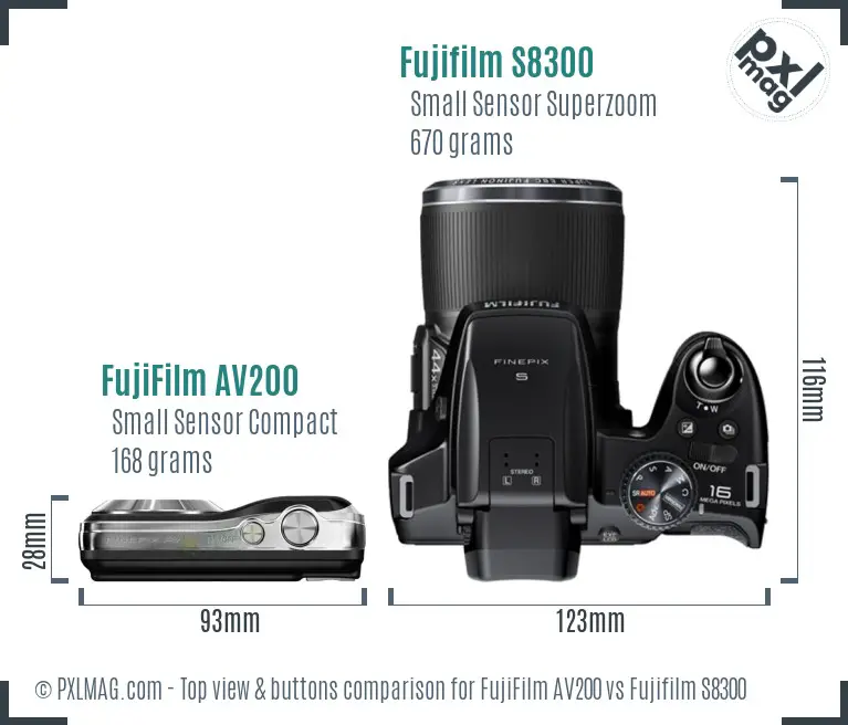 FujiFilm AV200 vs Fujifilm S8300 top view buttons comparison FujiFilm AV200 vs Fujifilm S8300 top view buttons comparison