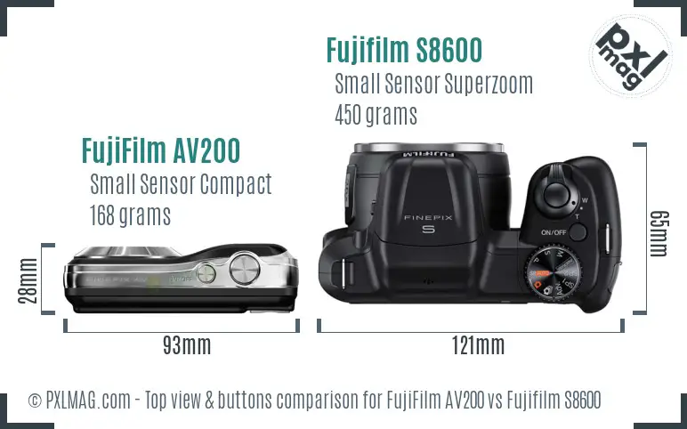 FujiFilm AV200 vs Fujifilm S8600 top view buttons comparison FujiFilm AV200 vs Fujifilm S8600 top view buttons comparison