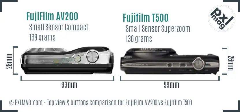 FujiFilm AV200 vs Fujifilm T500 top view buttons comparison