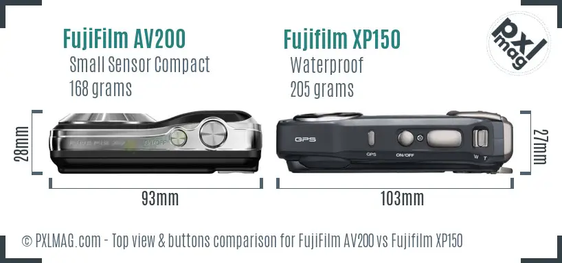 FujiFilm AV200 vs Fujifilm XP150 top view buttons comparison