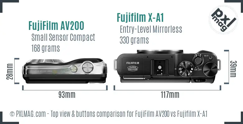 FujiFilm AV200 vs Fujifilm X-A1 top view buttons comparison FujiFilm AV200 vs Fujifilm X-A1 top view buttons comparison