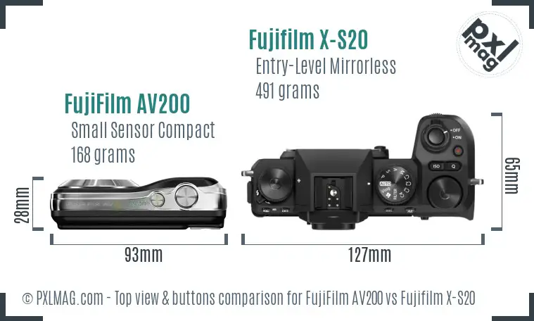 FujiFilm AV200 vs Fujifilm X-S20 top view buttons comparison FujiFilm AV200 vs Fujifilm X-S20 top view buttons comparison