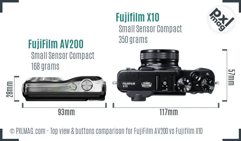 FujiFilm AV200 vs Fujifilm X10 top view buttons comparison