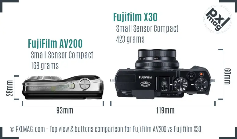 FujiFilm AV200 vs Fujifilm X30 top view buttons comparison