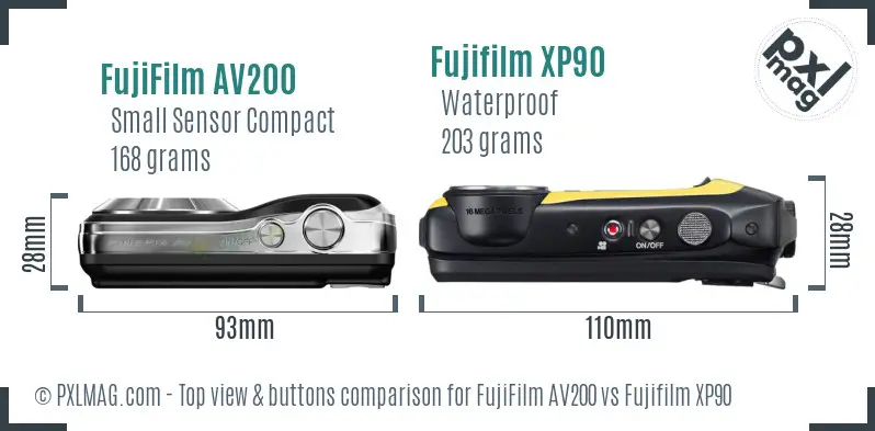 FujiFilm AV200 vs Fujifilm XP90 top view buttons comparison FujiFilm AV200 vs Fujifilm XP90 top view buttons comparison
