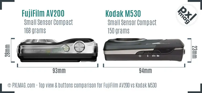 FujiFilm AV200 vs Kodak M530 top view buttons comparison