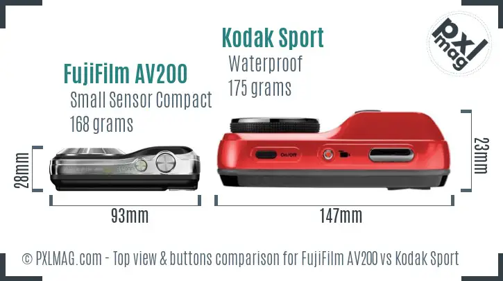 FujiFilm AV200 vs Kodak Sport top view buttons comparison FujiFilm AV200 vs Kodak Sport top view buttons comparison