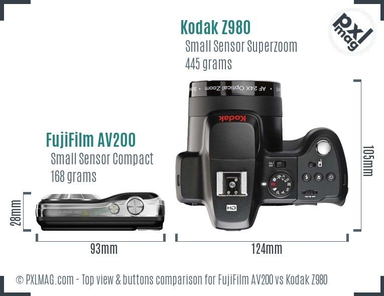 FujiFilm AV200 vs Kodak Z980 top view buttons comparison