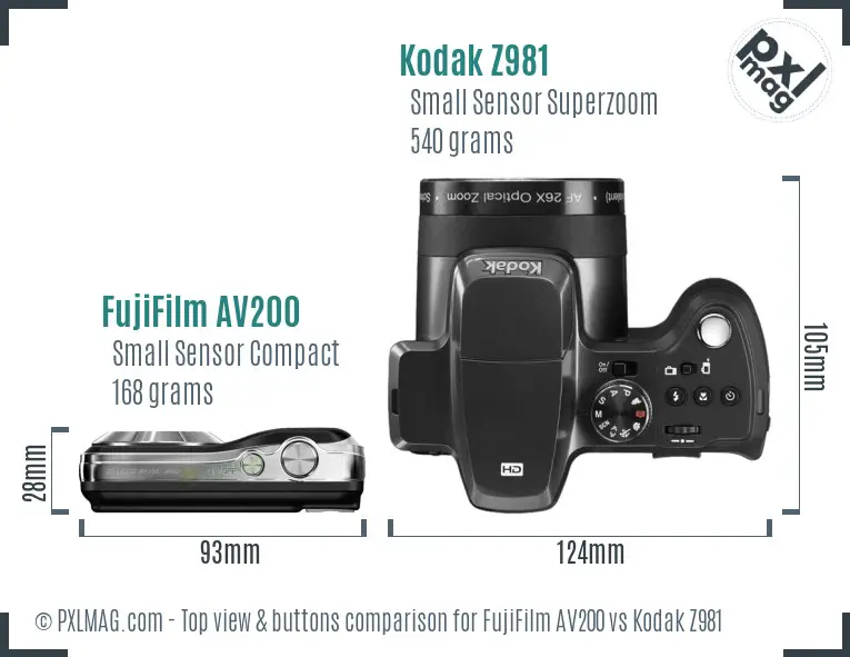 FujiFilm AV200 vs Kodak Z981 top view buttons comparison