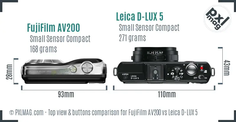 FujiFilm AV200 vs Leica D-LUX 5 top view buttons comparison FujiFilm AV200 vs Leica D-LUX 5 top view buttons comparison