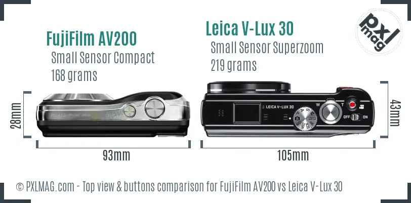FujiFilm AV200 vs Leica V-Lux 30 top view buttons comparison FujiFilm AV200 vs Leica V-Lux 30 top view buttons comparison