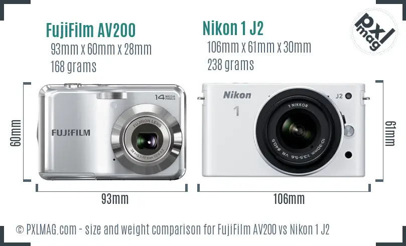 FujiFilm AV200 vs Nikon 1 J2 size comparison