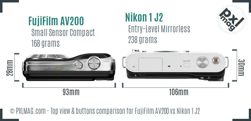 FujiFilm AV200 vs Nikon 1 J2 top view buttons comparison
