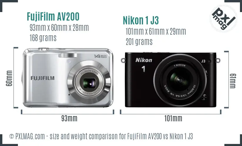 FujiFilm AV200 vs Nikon 1 J3 size comparison