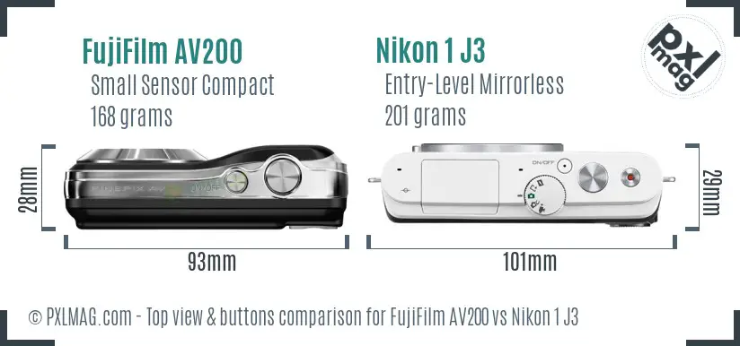 FujiFilm AV200 vs Nikon 1 J3 top view buttons comparison