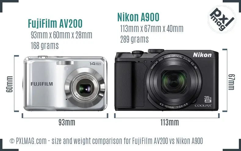 FujiFilm AV200 vs Nikon A900 size comparison