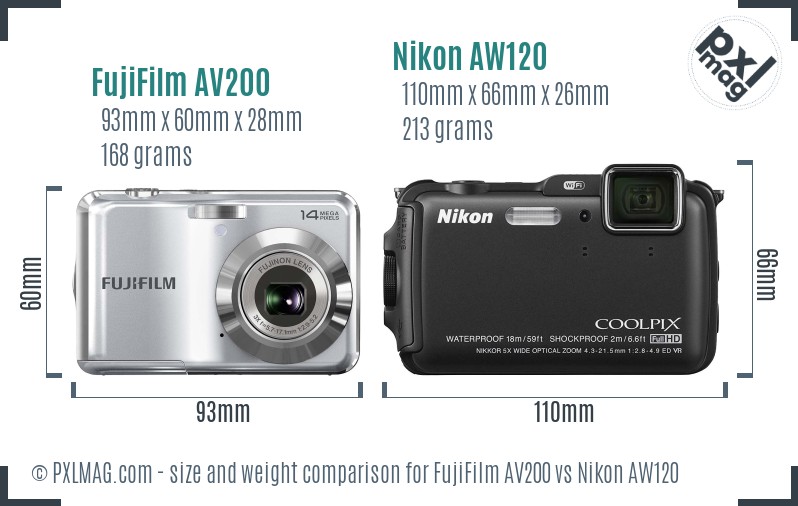 FujiFilm AV200 vs Nikon AW120 size comparison
