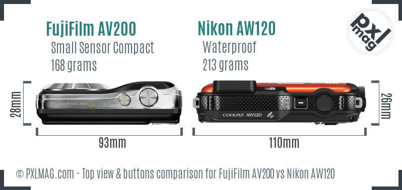 FujiFilm AV200 vs Nikon AW120 top view buttons comparison