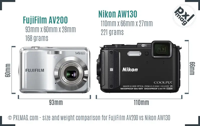 FujiFilm AV200 vs Nikon AW130 size comparison