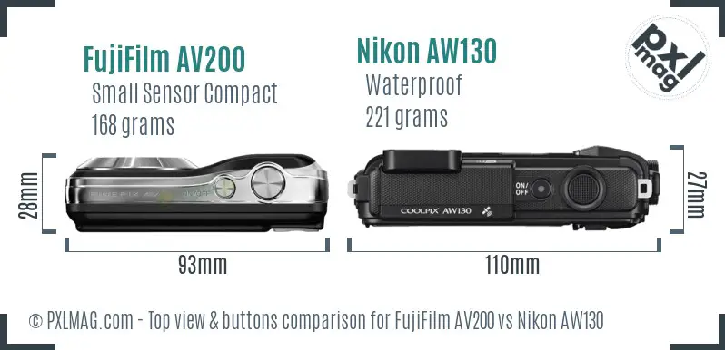 FujiFilm AV200 vs Nikon AW130 top view buttons comparison