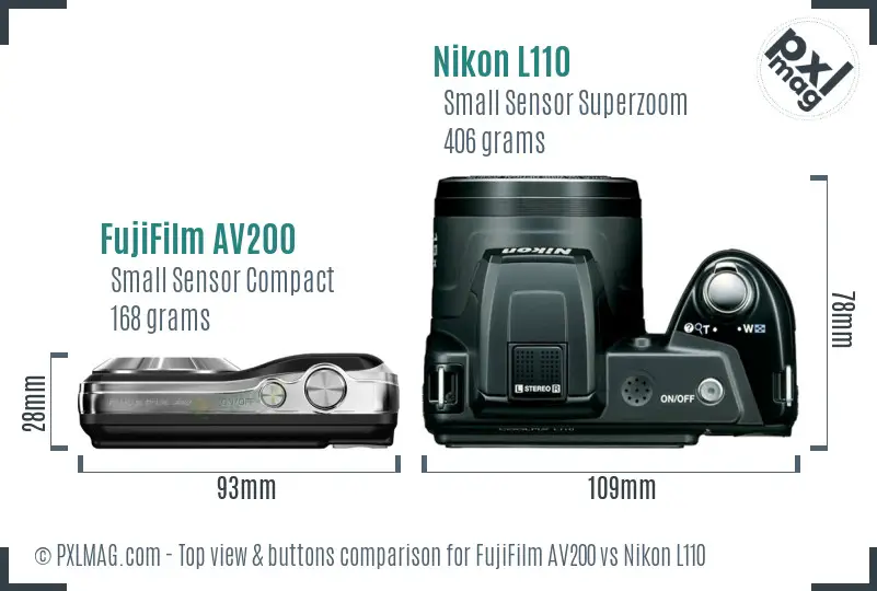 FujiFilm AV200 vs Nikon L110 top view buttons comparison
