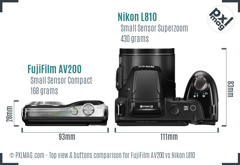 FujiFilm AV200 vs Nikon L810 top view buttons comparison