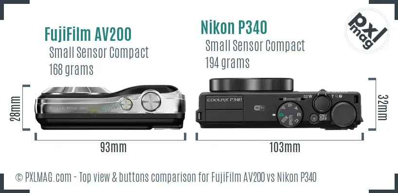 FujiFilm AV200 vs Nikon P340 top view buttons comparison