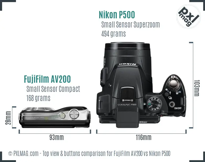 FujiFilm AV200 vs Nikon P500 top view buttons comparison FujiFilm AV200 vs Nikon P500 top view buttons comparison