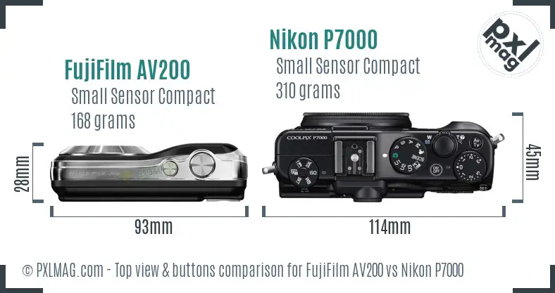 FujiFilm AV200 vs Nikon P7000 top view buttons comparison