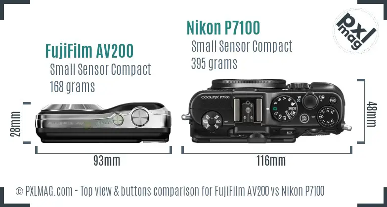 FujiFilm AV200 vs Nikon P7100 top view buttons comparison