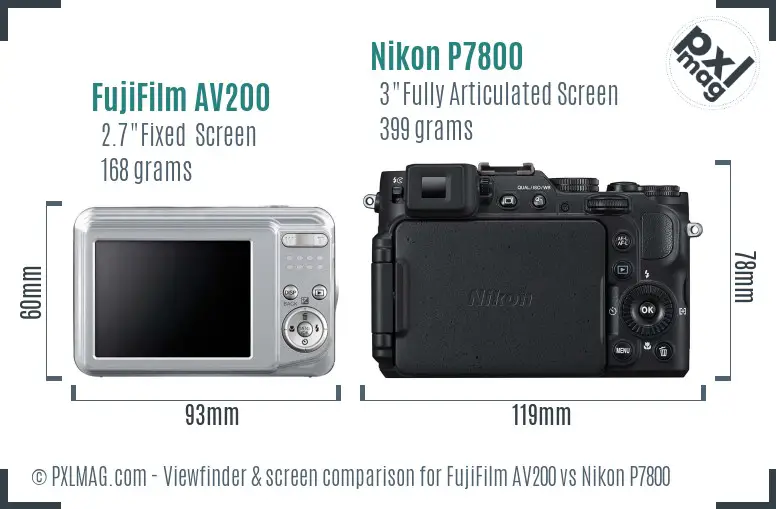 FujiFilm AV200 vs Nikon P7800 Screen and Viewfinder comparison